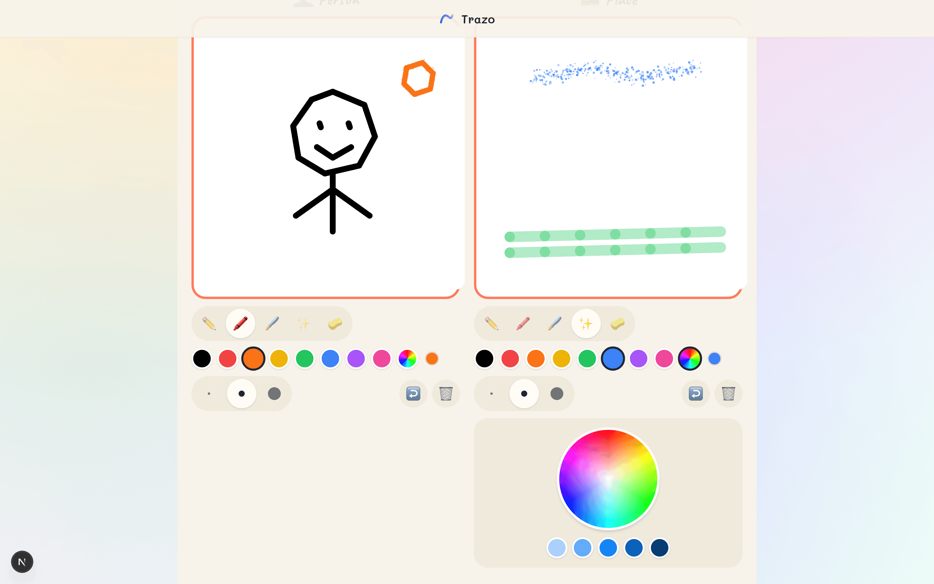Trazo student drawing studio — brushes, color wheel, and two canvases